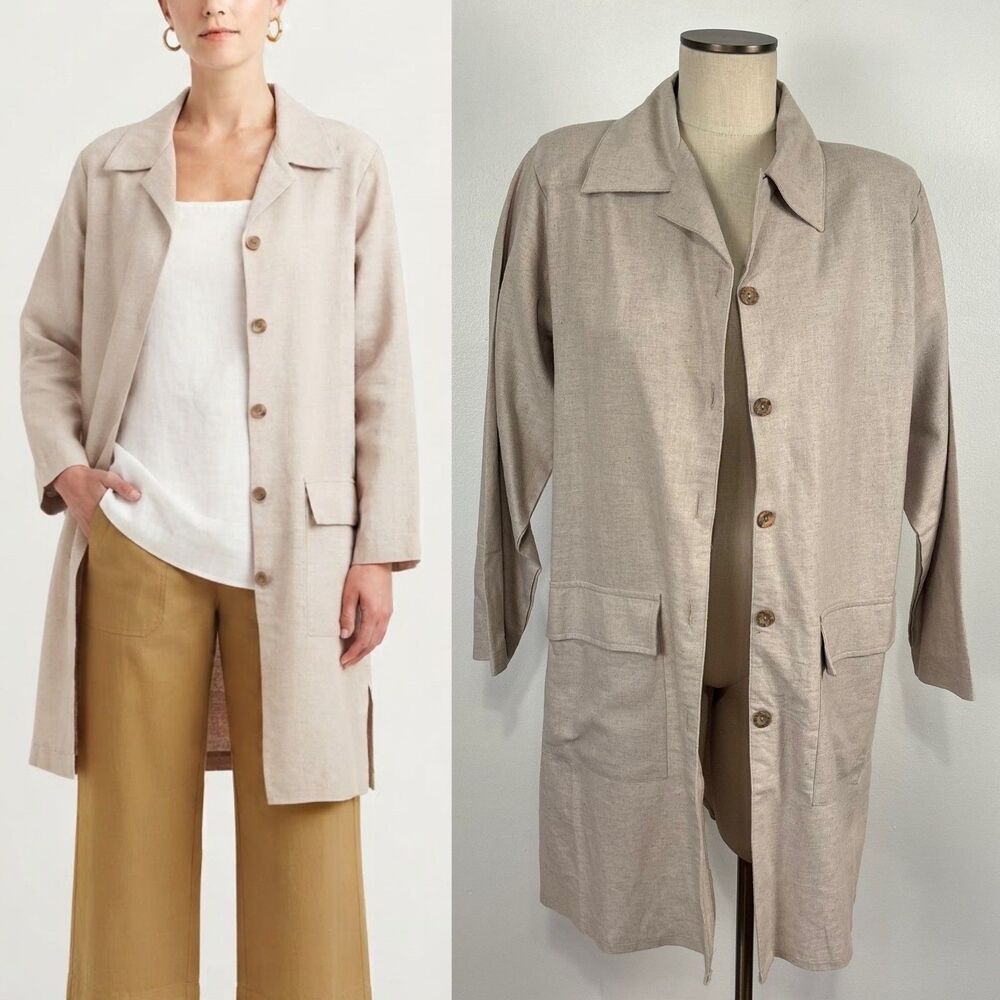 Marla Kim Vintage Linen Cotton Blend Long Jacket Coat Beige Size M
